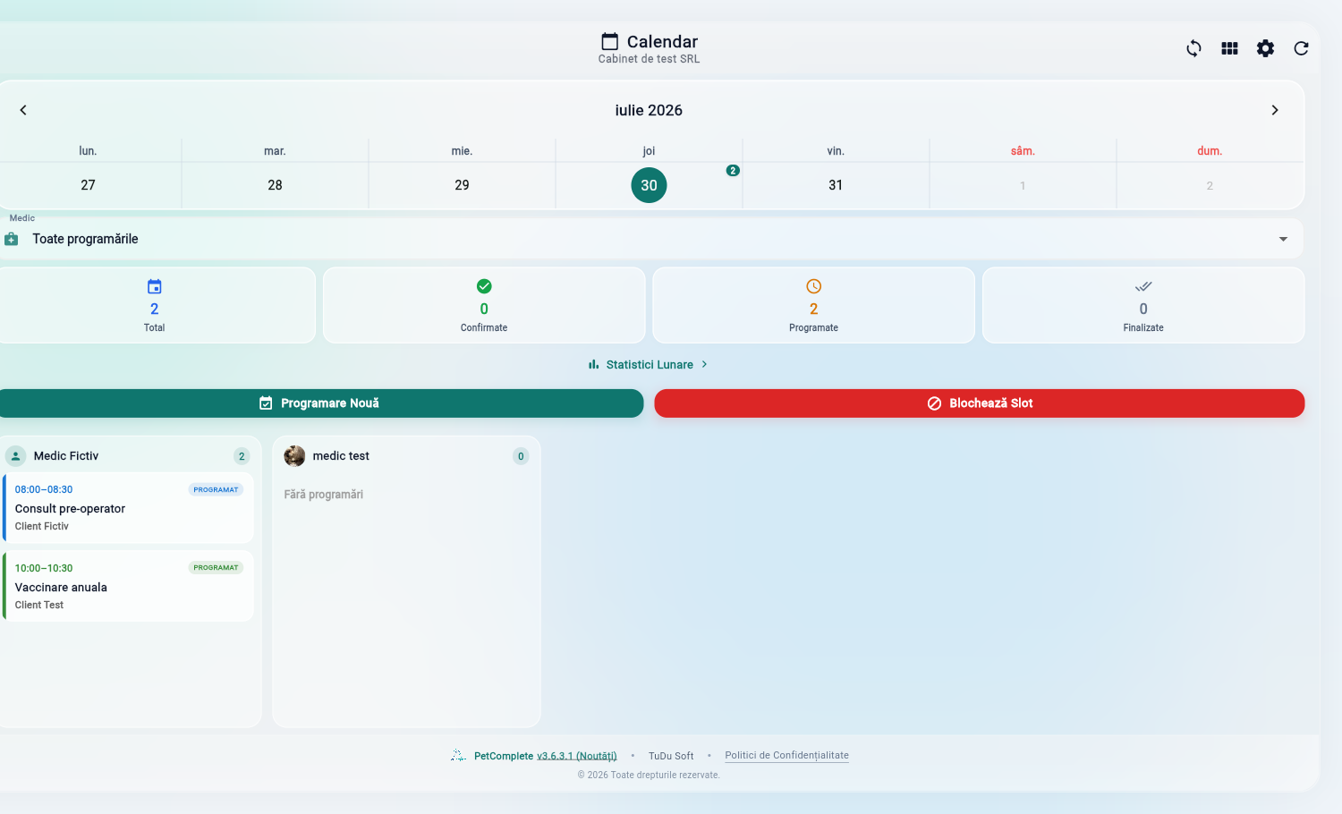 Calendar programări PetComplete
