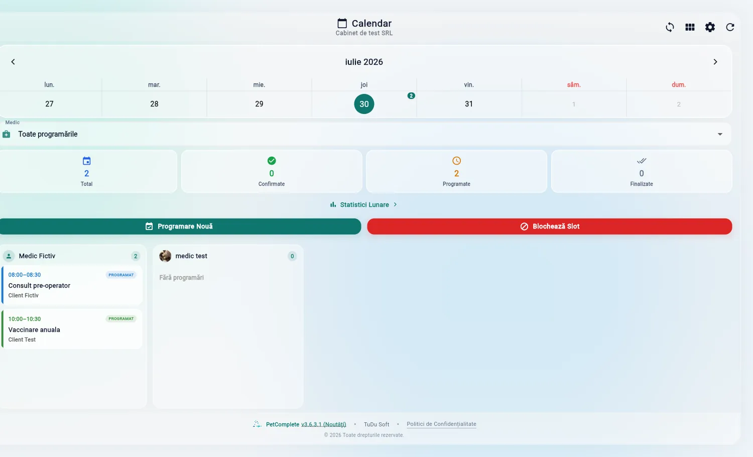 Calendarul de programări dintr-un program pentru cabinet veterinar
