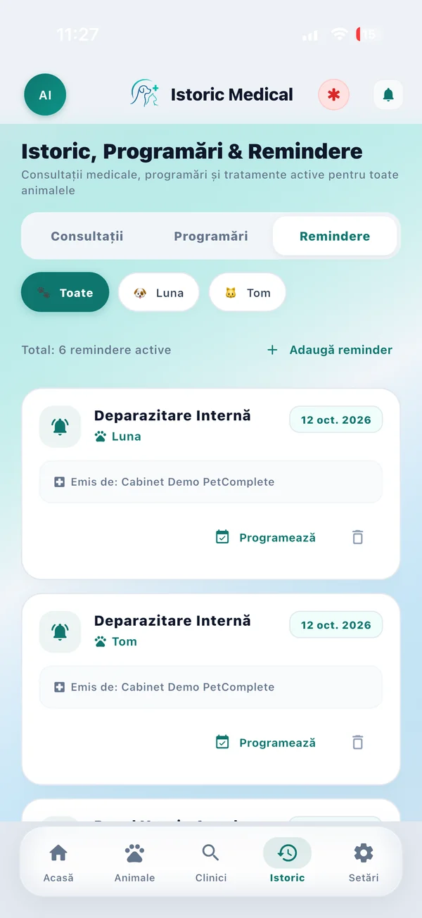 Istoric, programări și remindere: deparazitarea internă programată pentru Luna și Tom